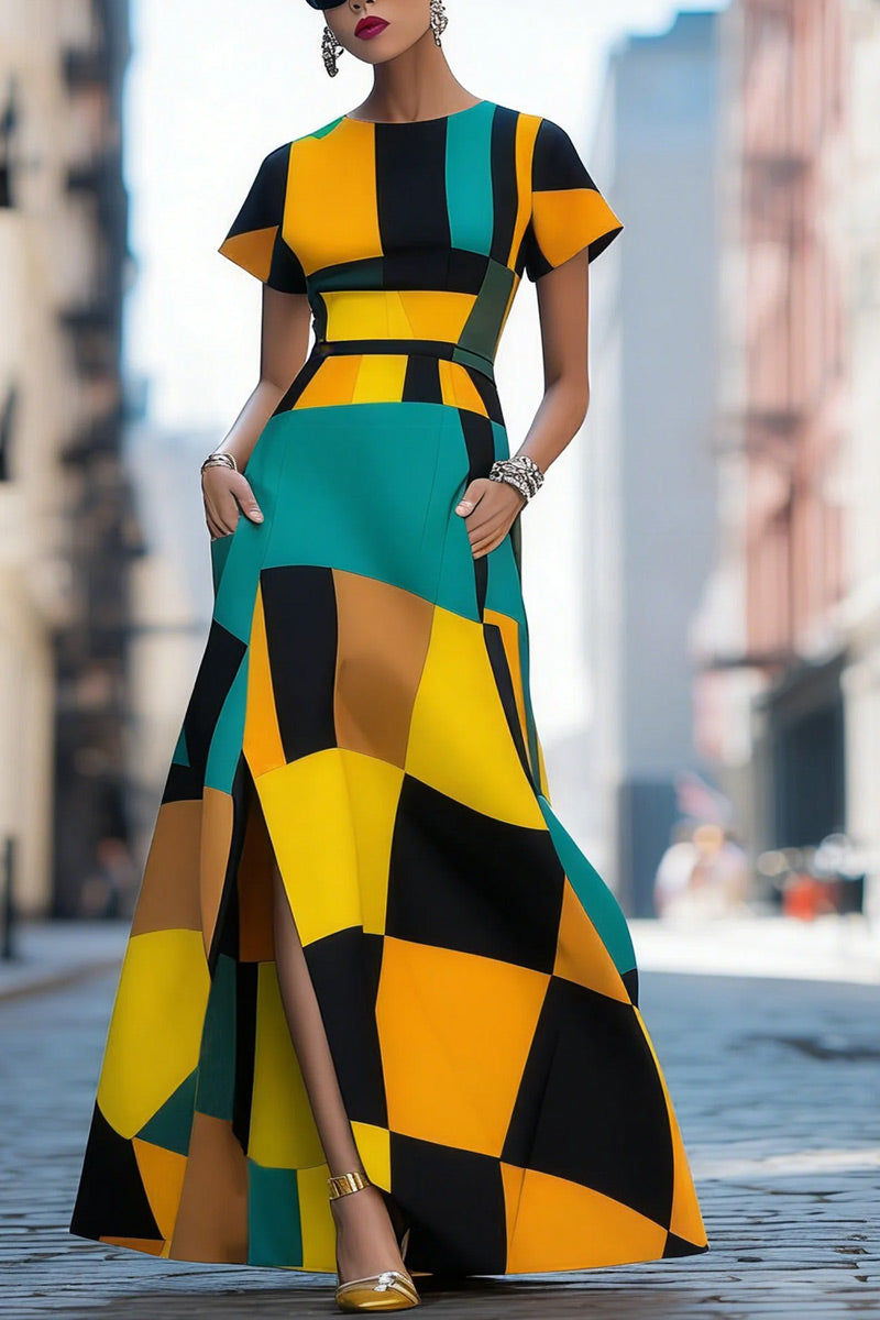Women Multi Tone Geometric Color Block Short Sleeve Waist Belt Split Pocket Maxi Dress