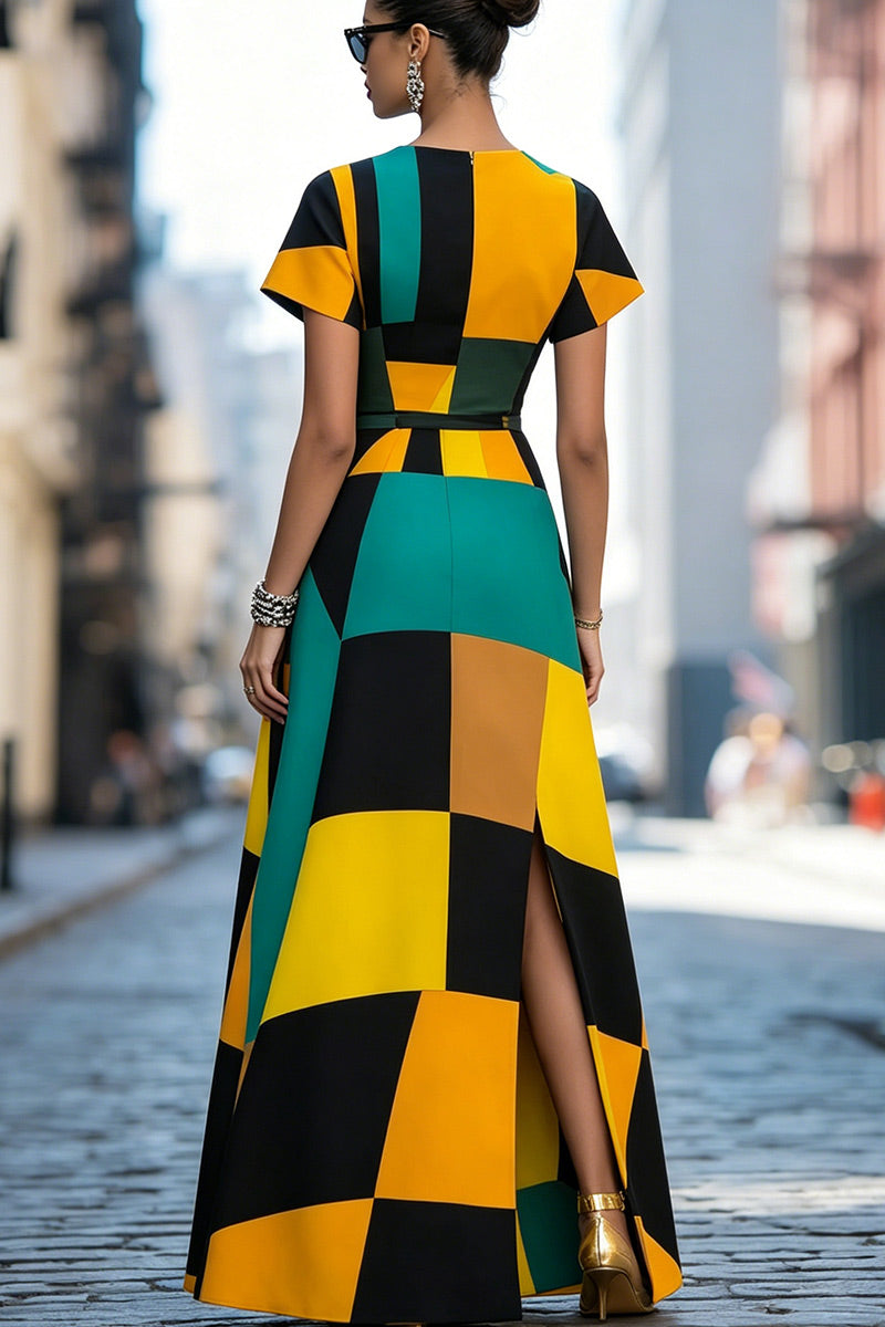 Women Multi Tone Geometric Color Block Short Sleeve Waist Belt Split Pocket Maxi Dress