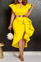 Women Solid Yellow V Neck Flutter Shoulder Metal Waist Belt Ruffle Split Midi Party Dress