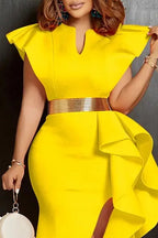 Women Solid Yellow V Neck Flutter Shoulder Metal Waist Belt Ruffle Split Midi Party Dress