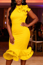 Women Solid Yellow Halter Neck Single Ruffle Shoulder Mermaid Midi Dress