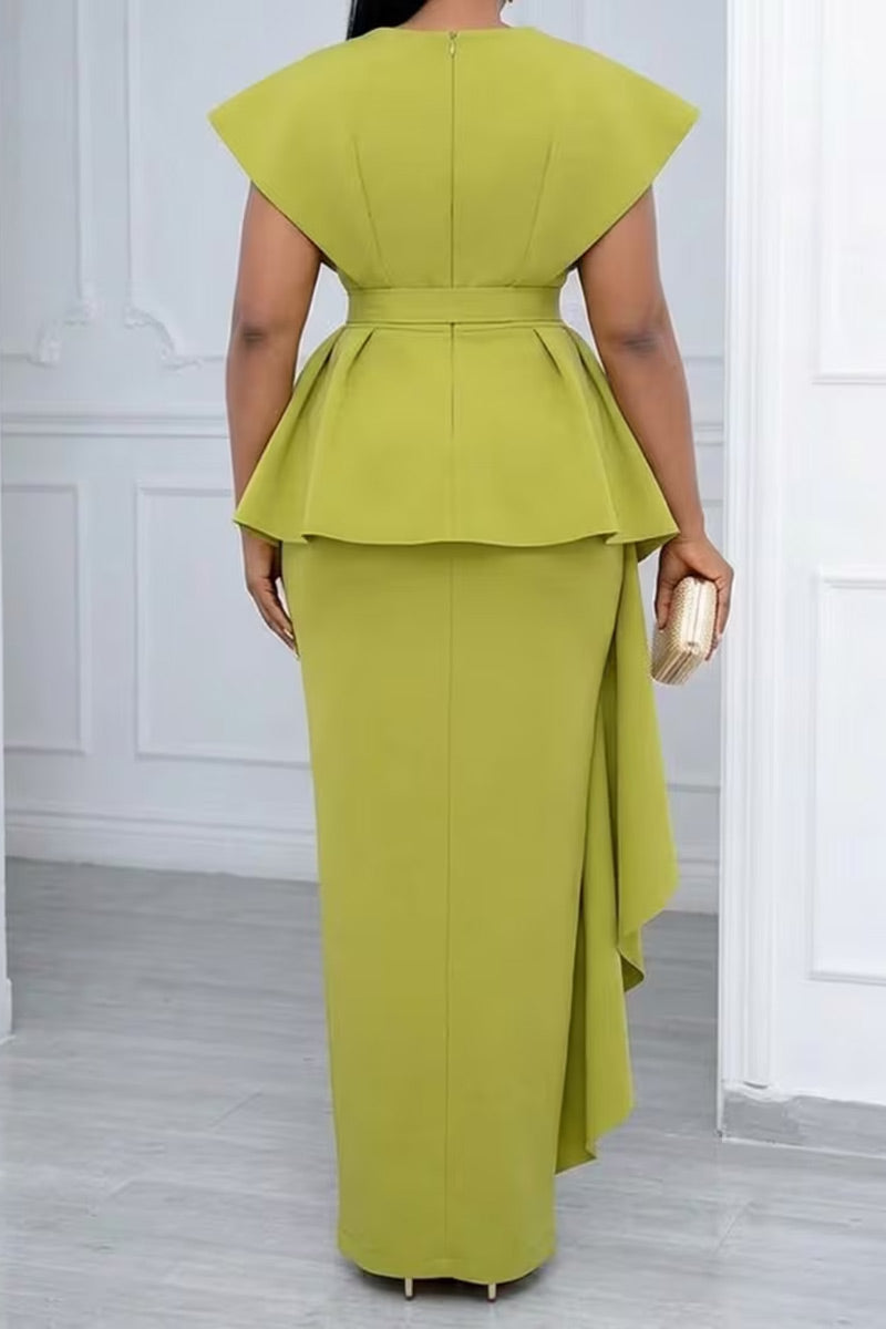 Women Olive Green Cape Collar Rhinestone Belt Side Ruffle High Maxi Dress