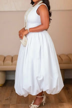 Women Solid White Sleeveless Round Neck Waist Cinch Bubble Puff Midi Dress