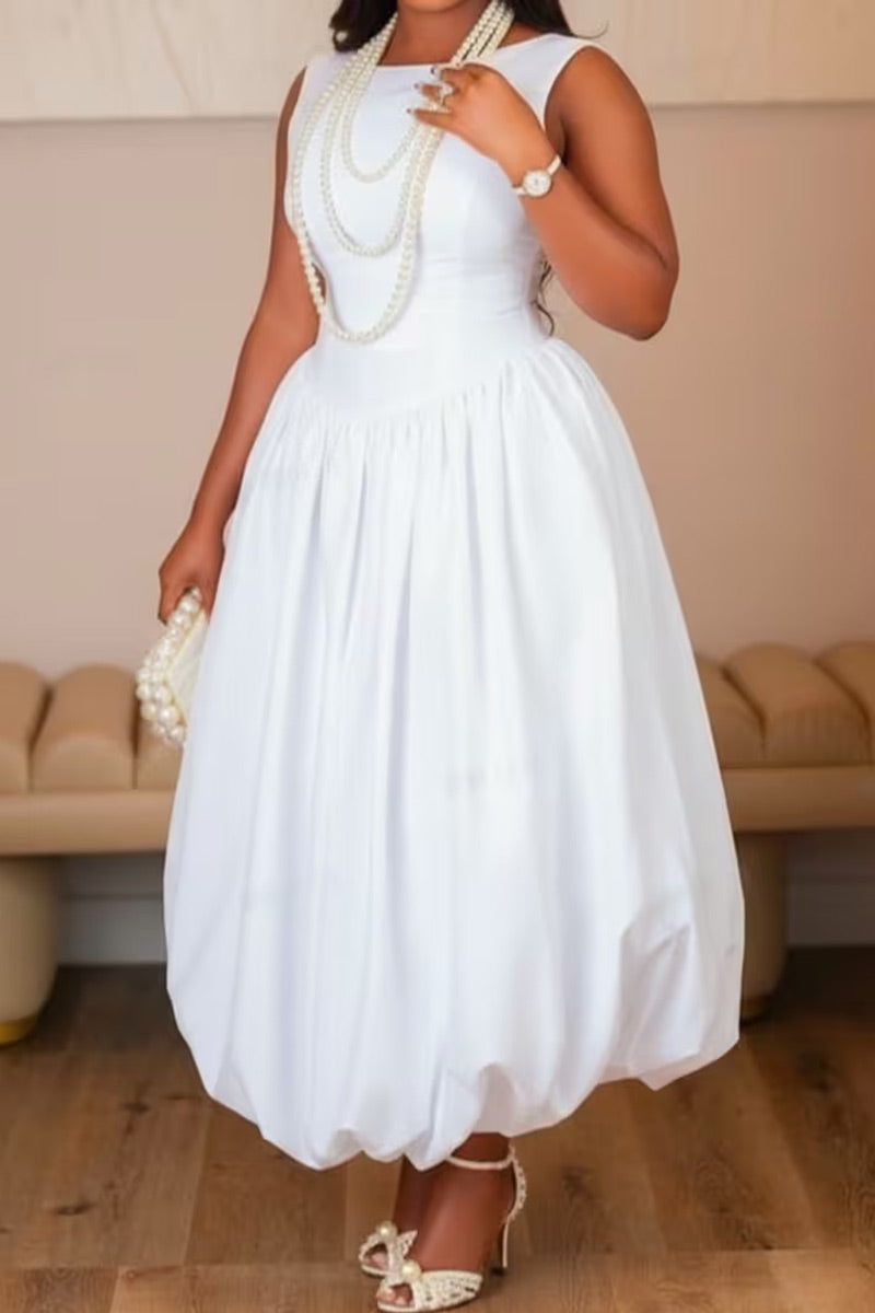 Women Solid White Sleeveless Round Neck Waist Cinch Bubble Puff Midi Dress