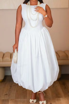 Women Solid White Sleeveless Round Neck Waist Cinch Bubble Puff Midi Dress