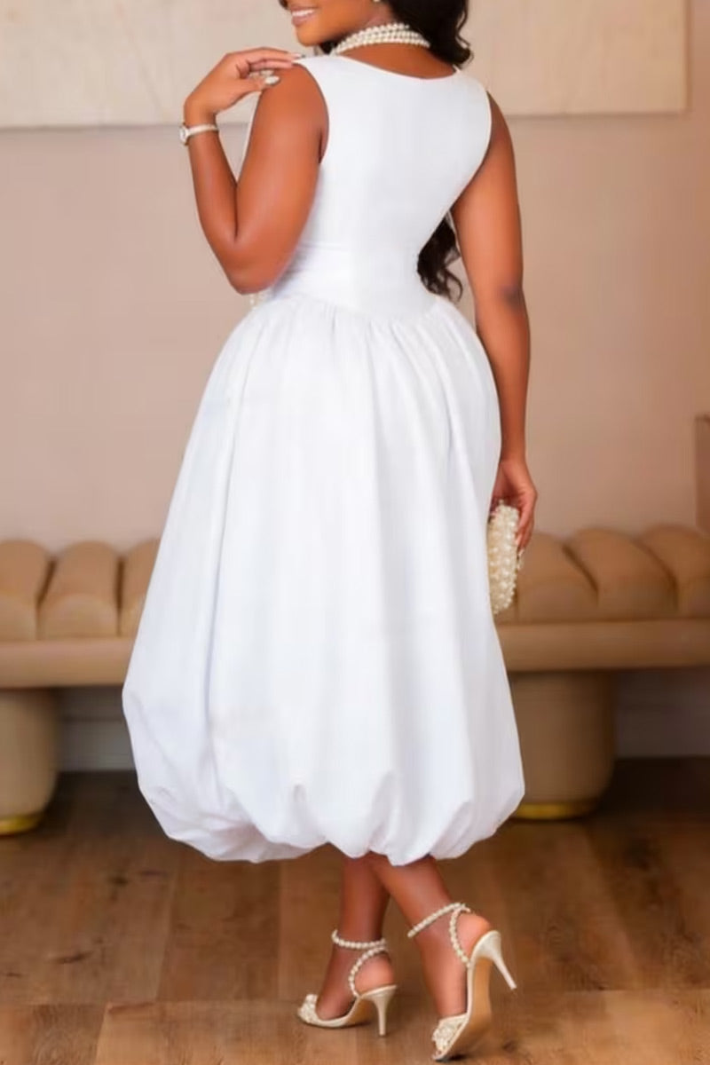 Women Solid White Sleeveless Round Neck Waist Cinch Bubble Puff Midi Dress