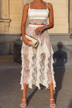 Women's Elegant Lace Panel Cami Flounce Skirt Set