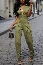 Women Olive Green Sleeveless Collar Zip Up Multi Cargo Pocket Cuffed Jumpsuit