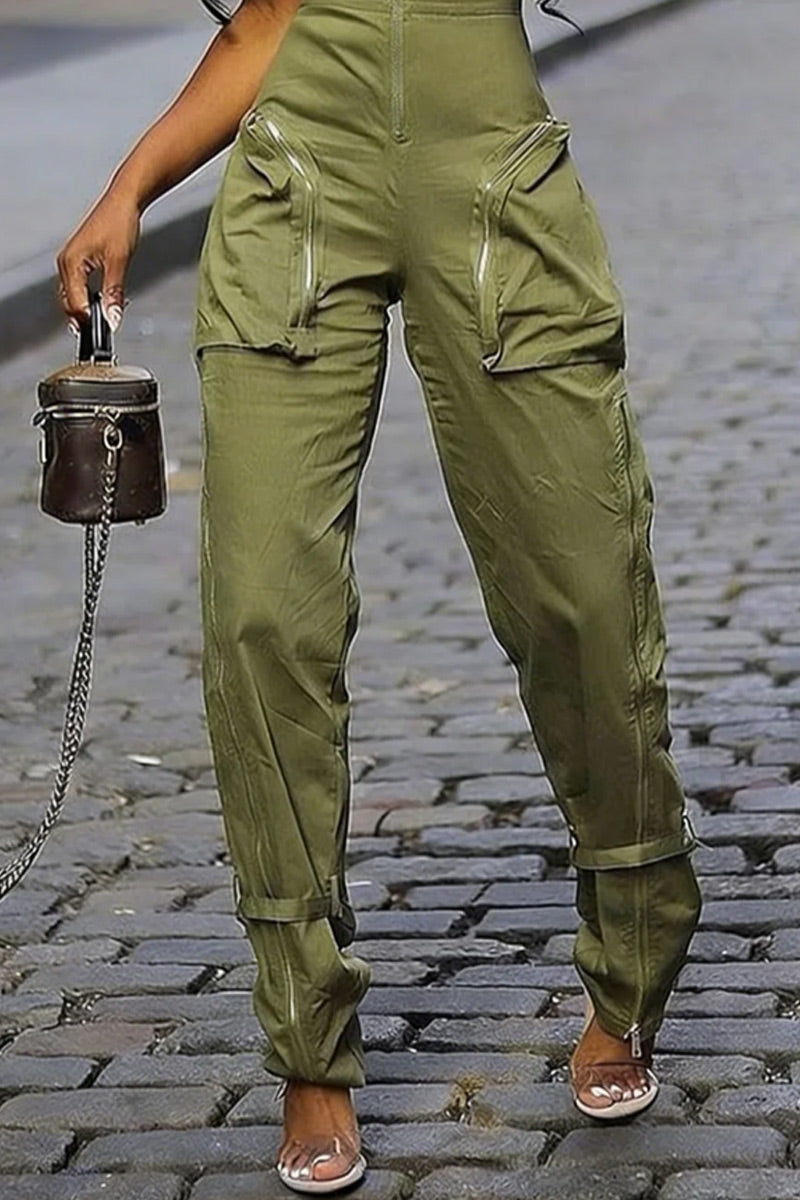Women Olive Green Sleeveless Collar Zip Up Multi Cargo Pocket Cuffed Jumpsuit