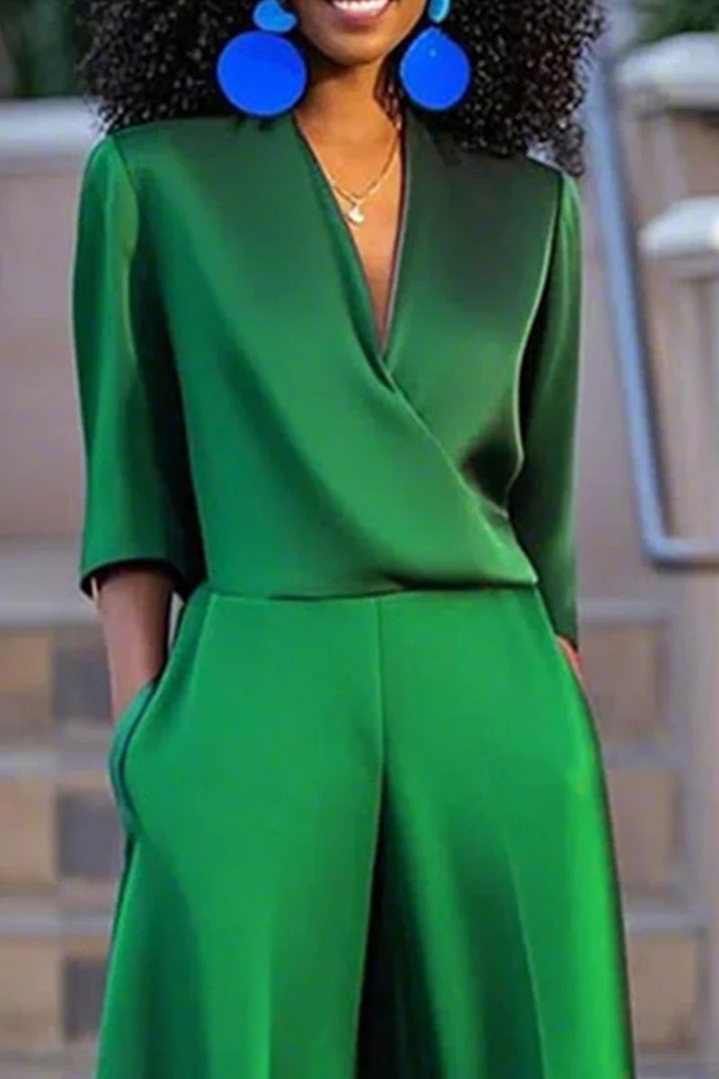 Women Glossy Green Satin Wrap V Neck Half Sleeve Pocket Wide Leg Jumpsuit