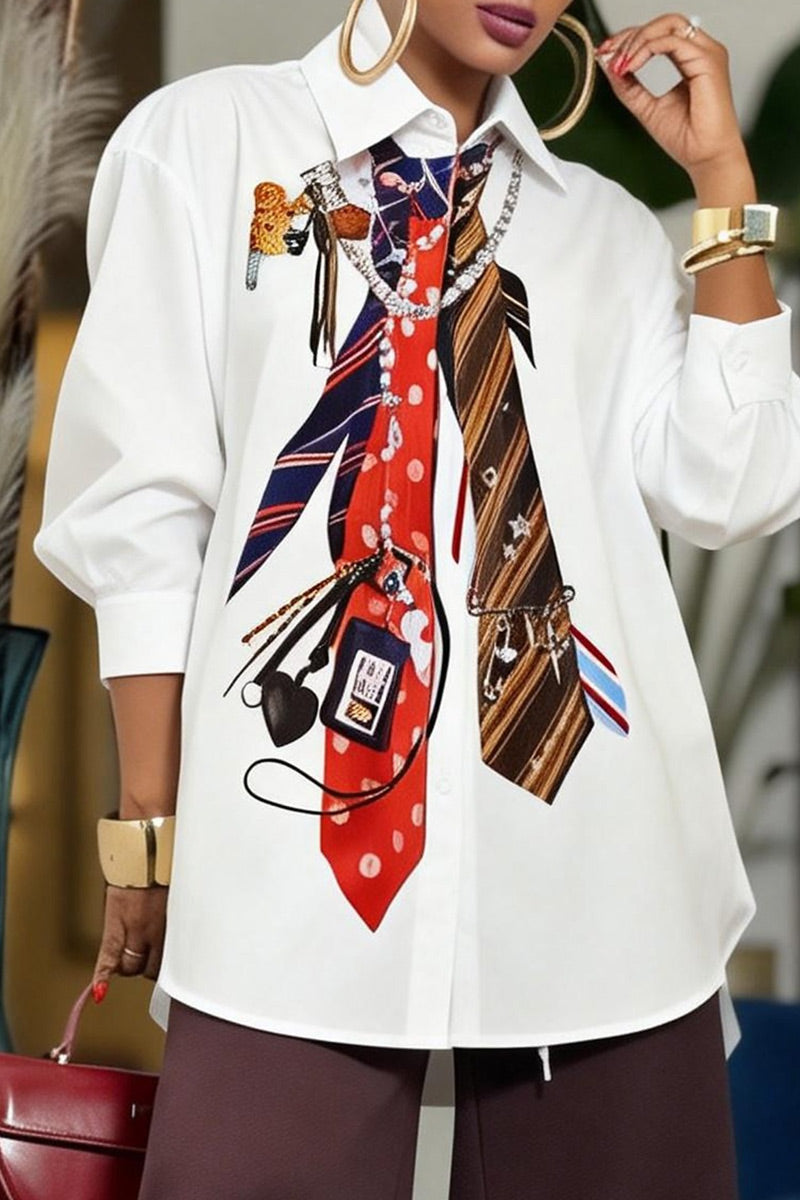 Women White Graphic Tie Print Collar Puff Sleeve Oversized Long Shirt Blouse