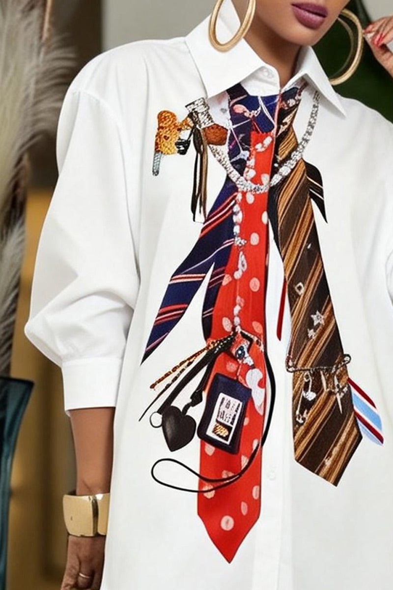 Women White Graphic Tie Print Collar Puff Sleeve Oversized Long Shirt Blouse