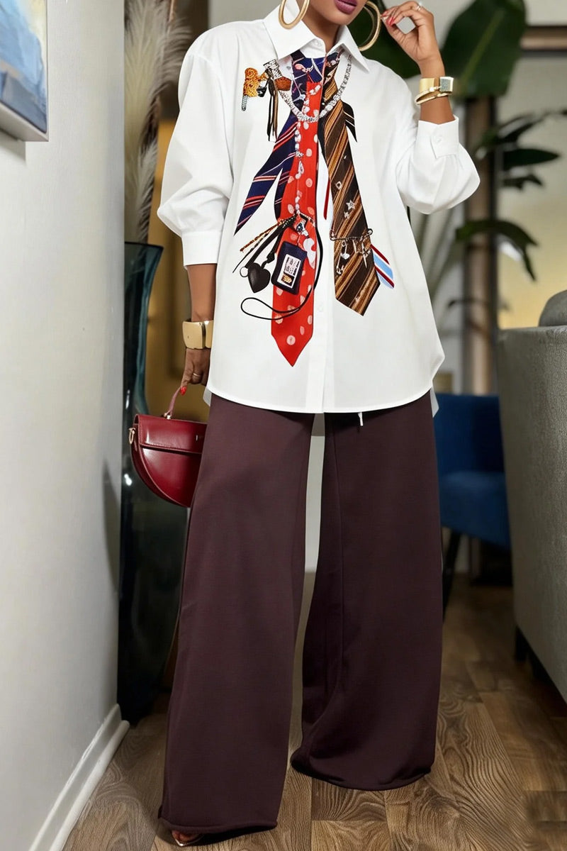 Women White Graphic Tie Print Collar Puff Sleeve Oversized Long Shirt Blouse