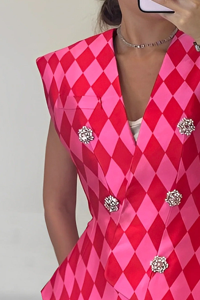 Women Retro Argyle Check Sleeveless Rhinestone Double Breasted Waist Cinch Vest