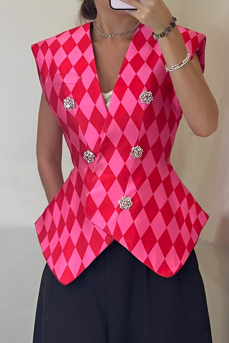 Women Retro Argyle Check Sleeveless Rhinestone Double Breasted Waist Cinch Vest