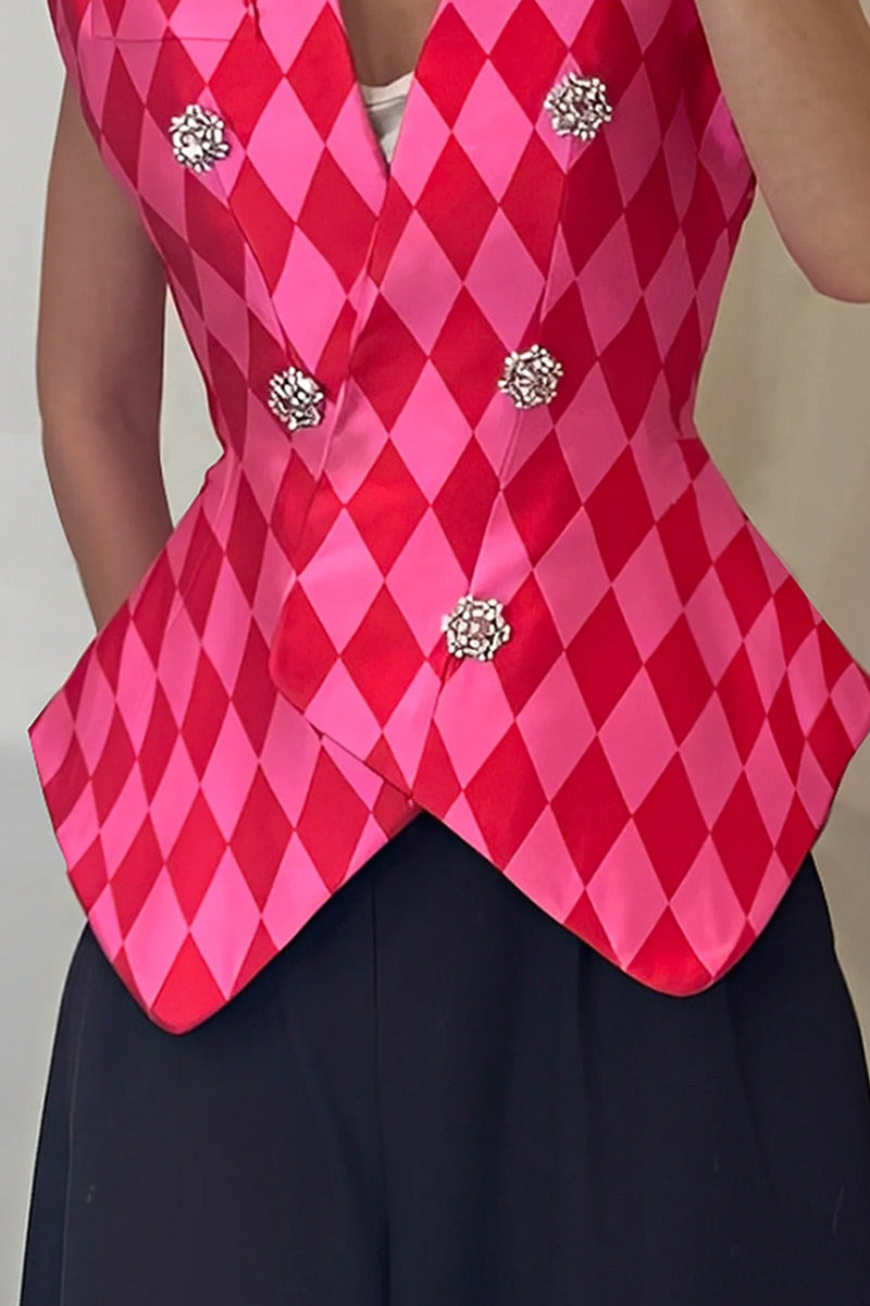 Women Retro Argyle Check Sleeveless Rhinestone Double Breasted Waist Cinch Vest