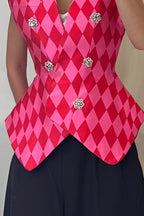 Women Retro Argyle Check Sleeveless Rhinestone Double Breasted Waist Cinch Vest