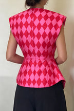 Women Retro Argyle Check Sleeveless Rhinestone Double Breasted Waist Cinch Vest