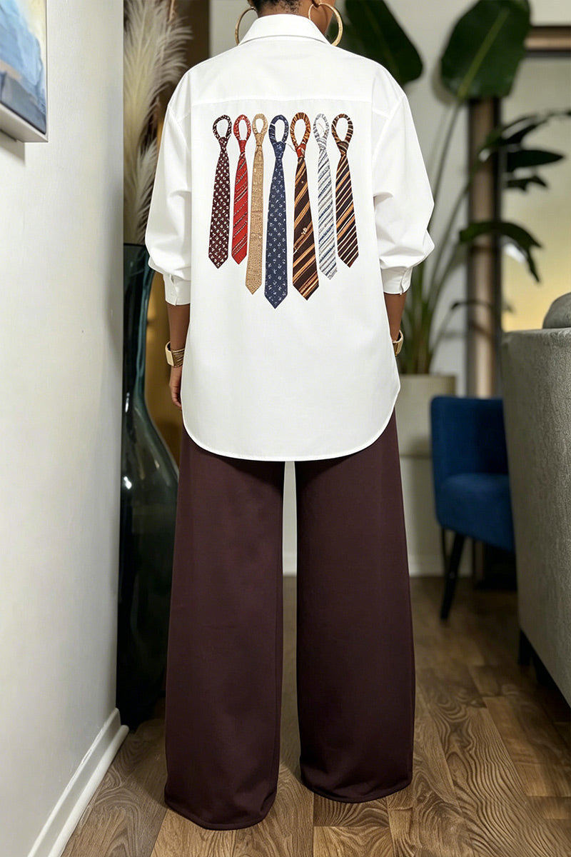 Women White Graphic Tie Print Collar Puff Sleeve Oversized Long Shirt Blouse