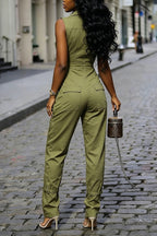 Women Olive Green Sleeveless Collar Zip Up Multi Cargo Pocket Cuffed Jumpsuit