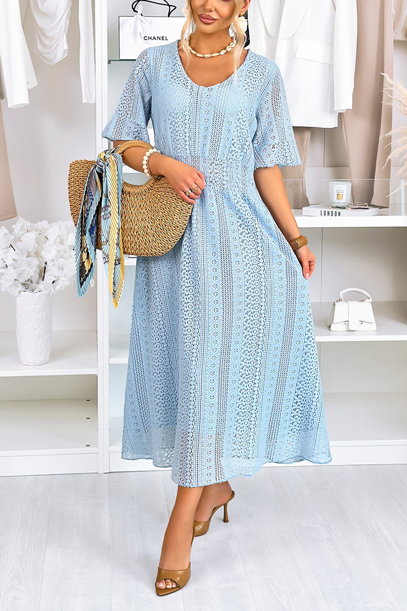 Women's Casual Crewneck Lace Cutout Maxi Dress