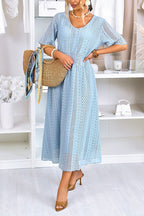 Women's Casual Crewneck Lace Cutout Maxi Dress