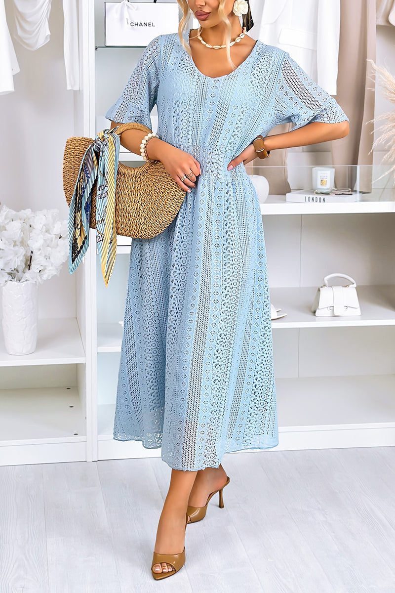Women's Casual Crewneck Lace Cutout Maxi Dress