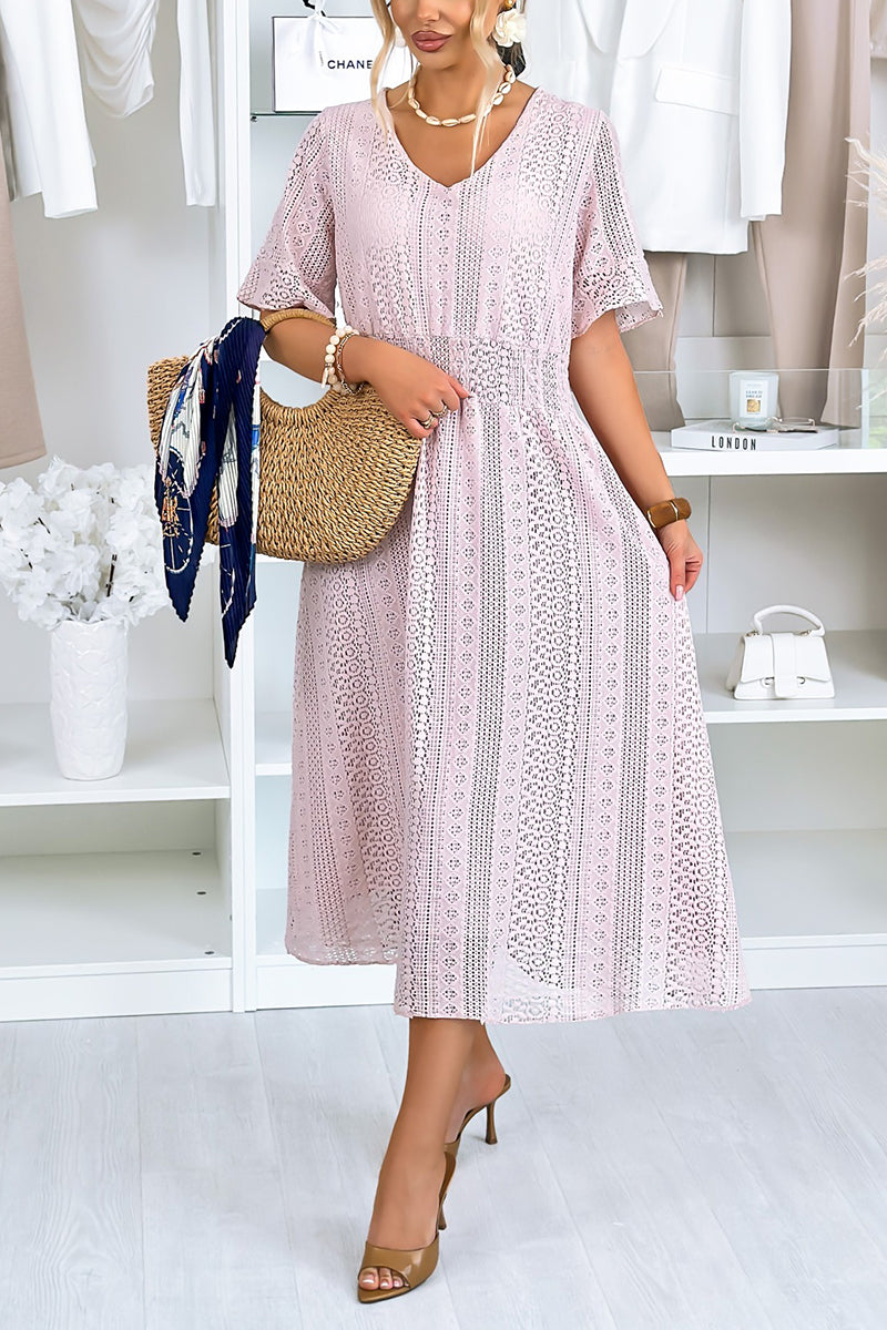 Women's Casual Crewneck Lace Cutout Maxi Dress