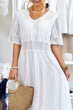 Women's Casual Crewneck Lace Cutout Maxi Dress