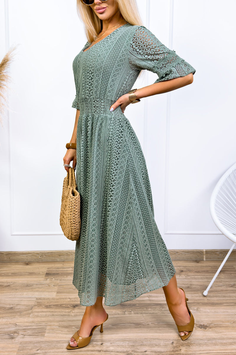 Women's Casual Crewneck Lace Cutout Maxi Dress