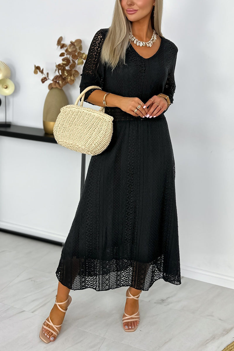 Women's Casual Crewneck Lace Cutout Maxi Dress