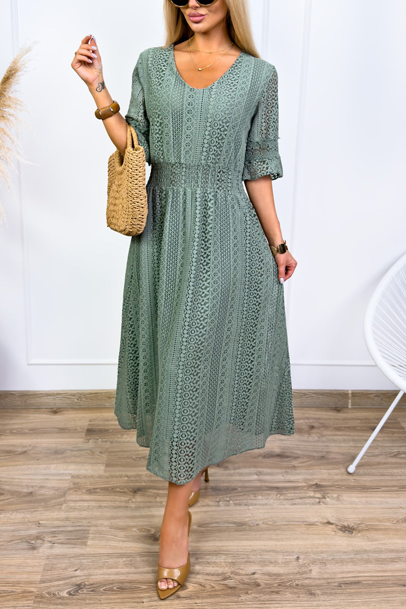 Women's Casual Crewneck Lace Cutout Maxi Dress