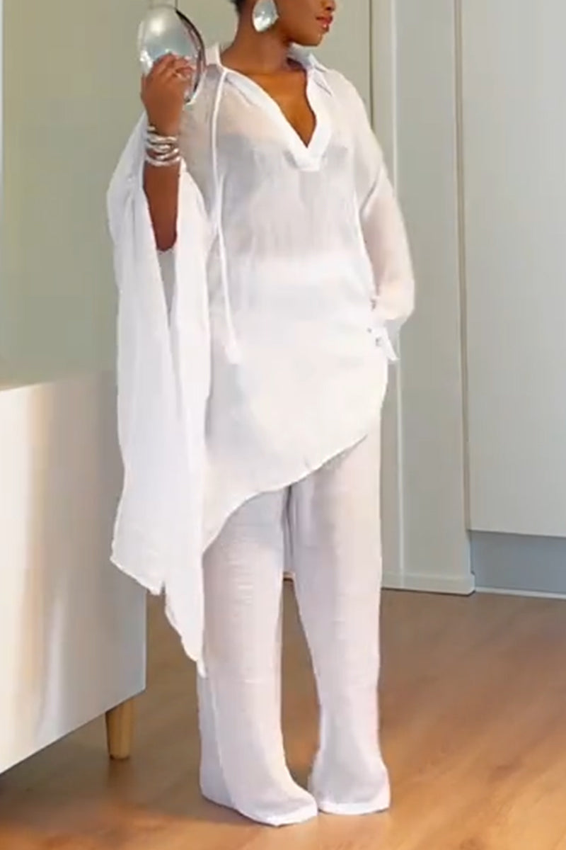 Women Collar Irregular Long Top+ Pants Casual Suit