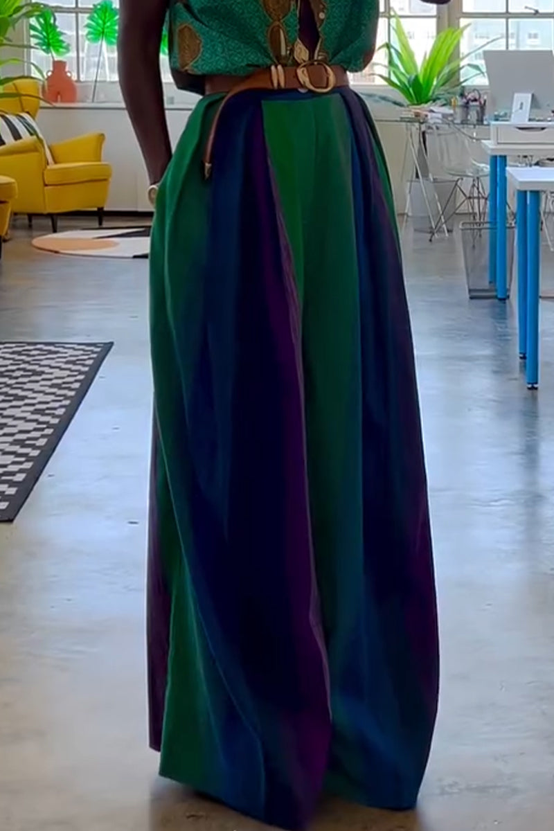 Women Casual V-neck Printed Top or Contrasting Wide Leg Pants