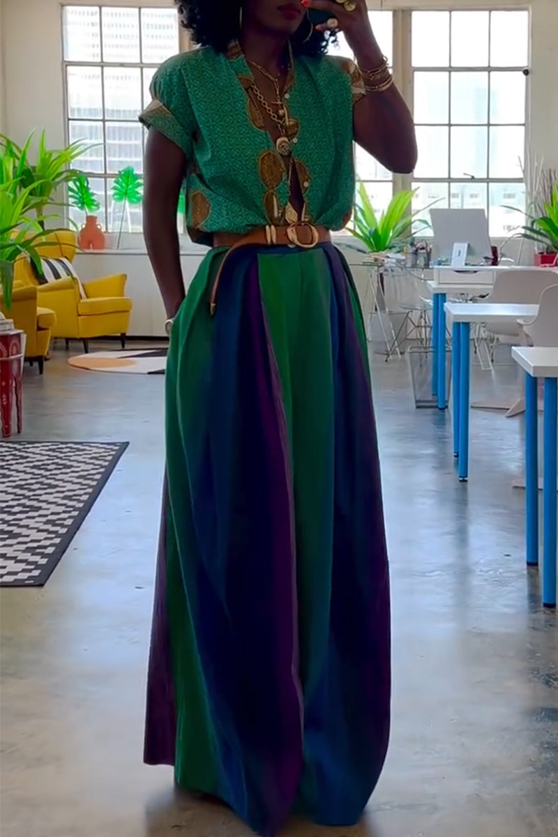 Women Casual V-neck Printed Top or Contrasting Wide Leg Pants