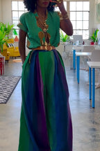 Women Casual V-neck Printed Top or Contrasting Wide Leg Pants