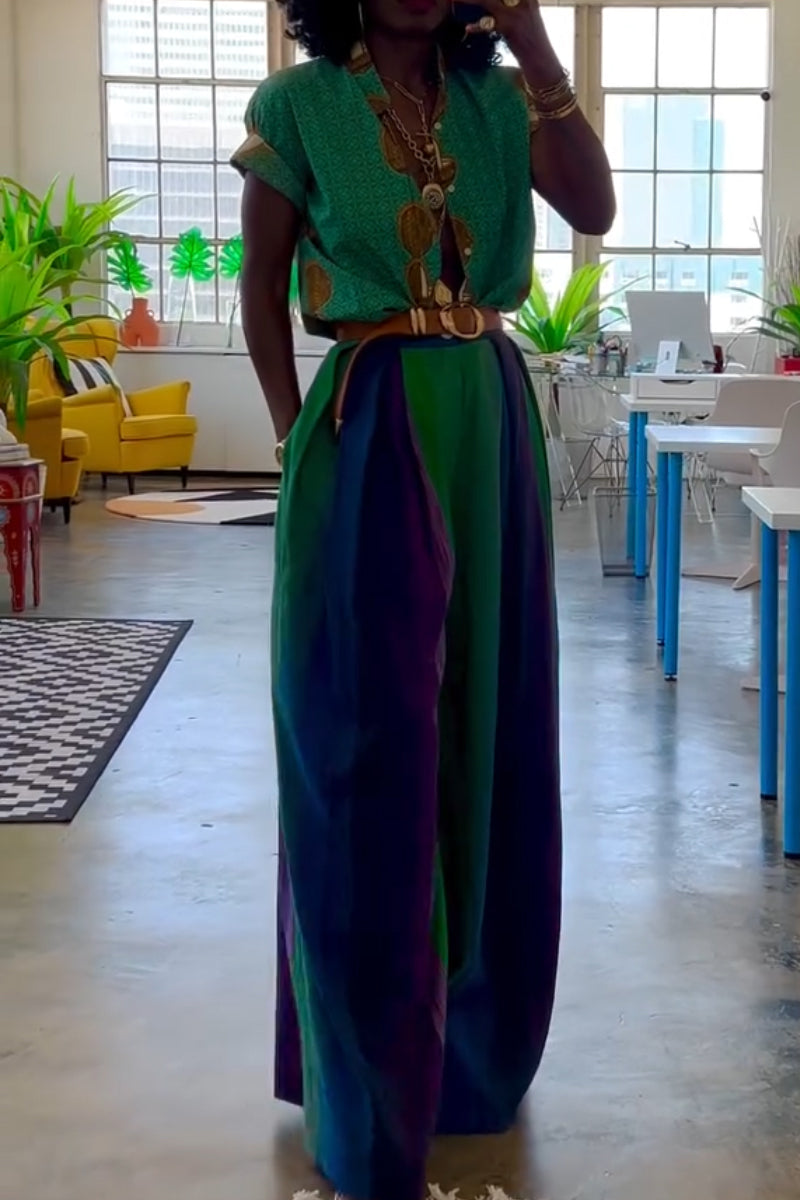 Women Casual V-neck Printed Top or Contrasting Wide Leg Pants