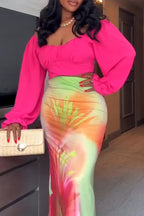 Women Elegant Temperament Solid Color Top or Printed Half Skirt