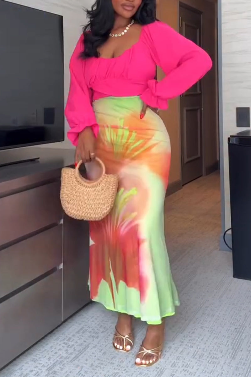 Women Elegant Temperament Solid Color Top or Printed Half Skirt