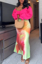 Women Elegant Temperament Solid Color Top or Printed Half Skirt
