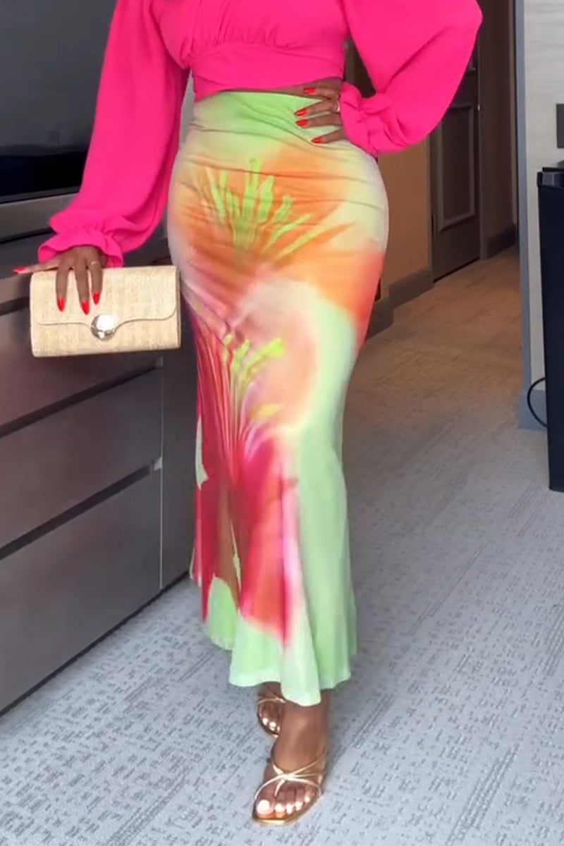 Women Elegant Temperament Solid Color Top or Printed Half Skirt