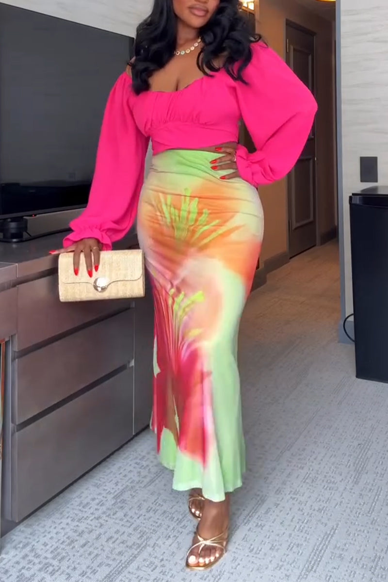 Women Elegant Temperament Solid Color Top or Printed Half Skirt