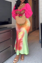 Women Elegant Temperament Solid Color Top or Printed Half Skirt
