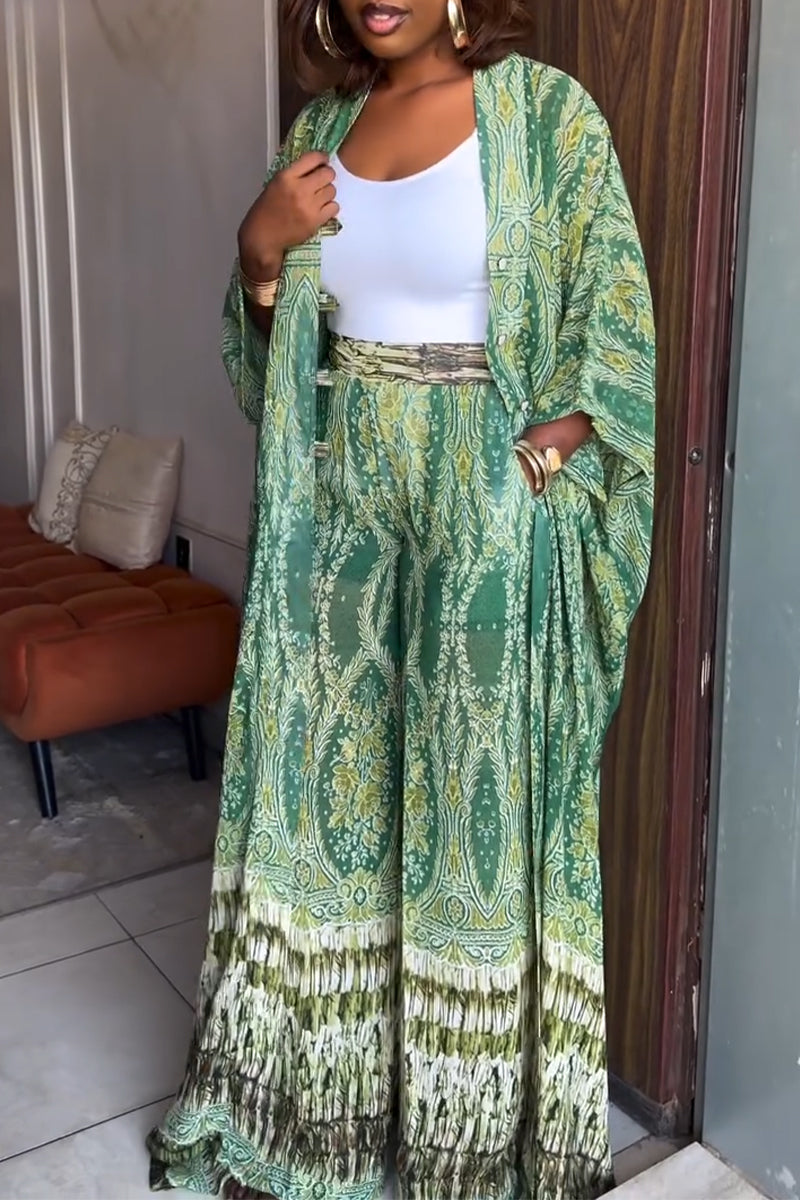 Women Long Printed Cardigan+ Wide Leg Pants Casual Set
