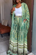 Women Long Printed Cardigan+ Wide Leg Pants Casual Set