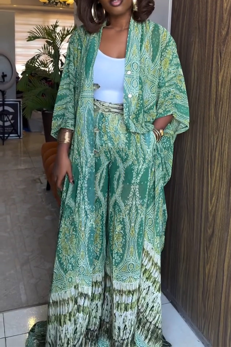 Women Long Printed Cardigan+ Wide Leg Pants Casual Set