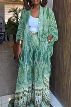 Women Long Printed Cardigan+ Wide Leg Pants Casual Set
