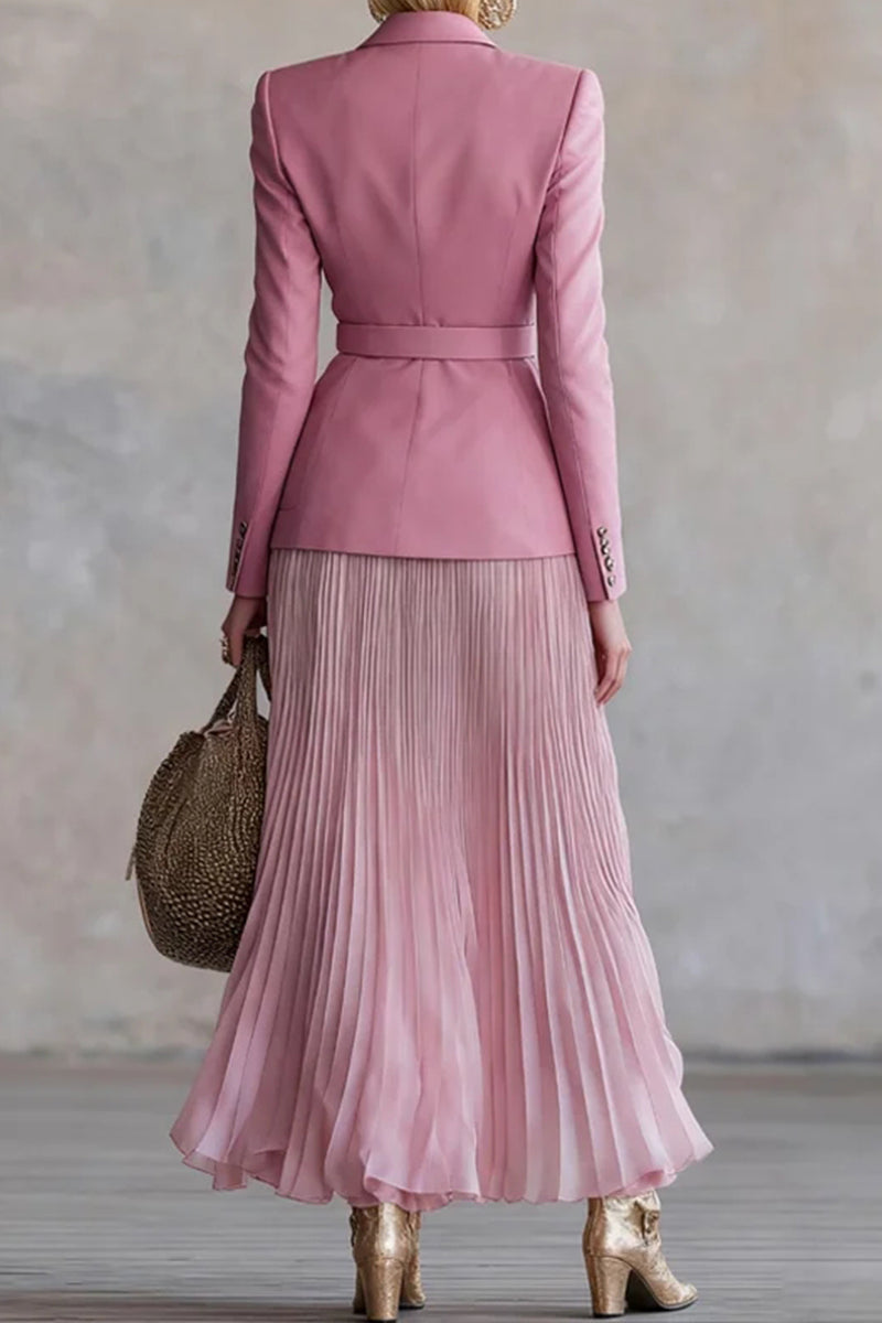 Women Collar Jacket+ Pleated Skirt Elegant Temperament Commuting Set