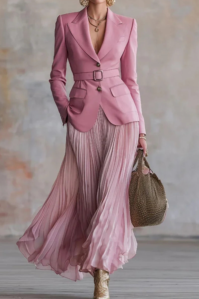 Women Collar Jacket+ Pleated Skirt Elegant Temperament Commuting Set