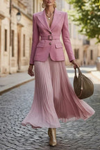 Women Collar Jacket+ Pleated Skirt Elegant Temperament Commuting Set